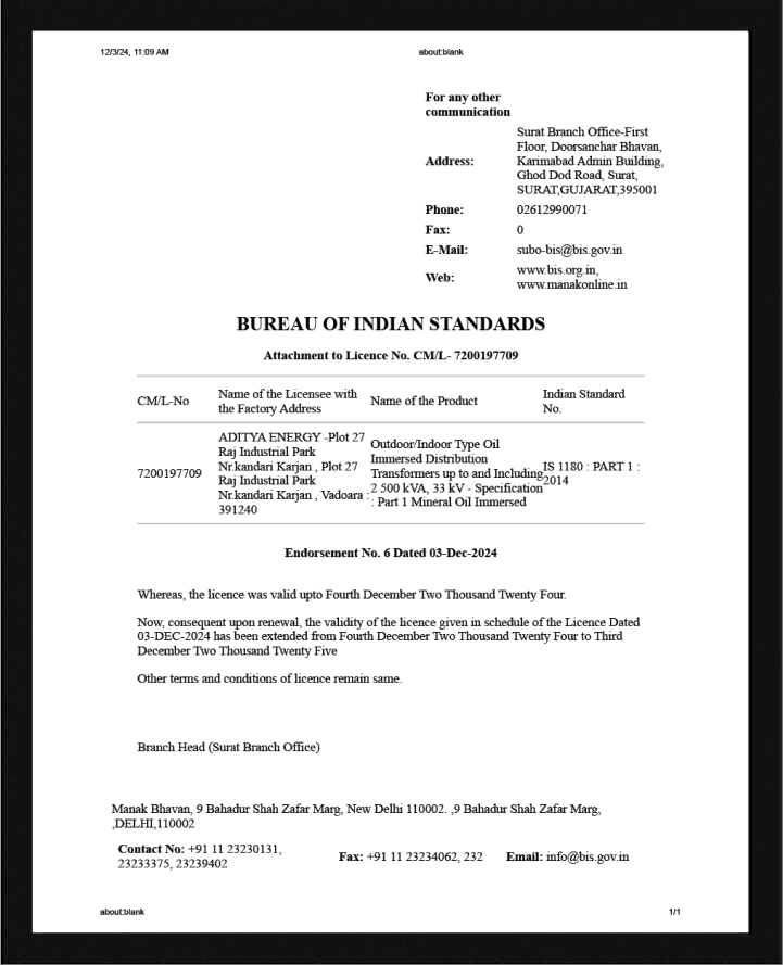 Aditya Energy Bureau of Indian Standards licence to IS 1180 for distribution transformers.