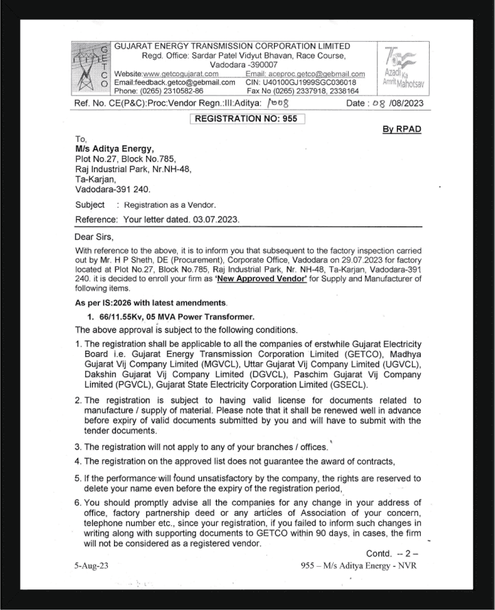 Aditya Energy GETCO approved vendor registration letter, registration number 955.