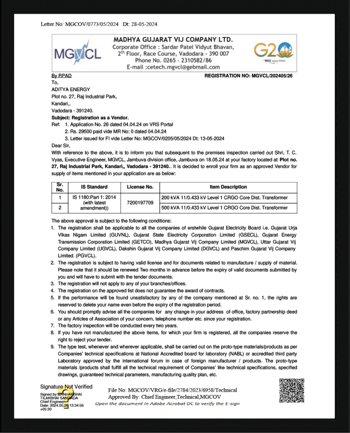 Aditya Energy MGVCL approved vendor registration letter.