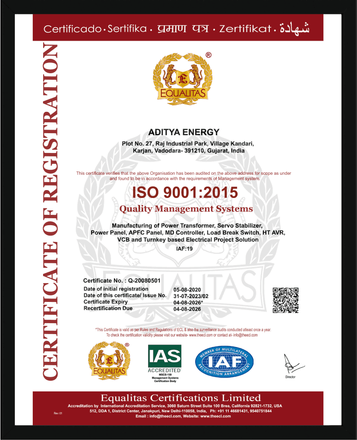 Aditya Energy ISO 9001:2015 Quality Management Systems certificate of registration.