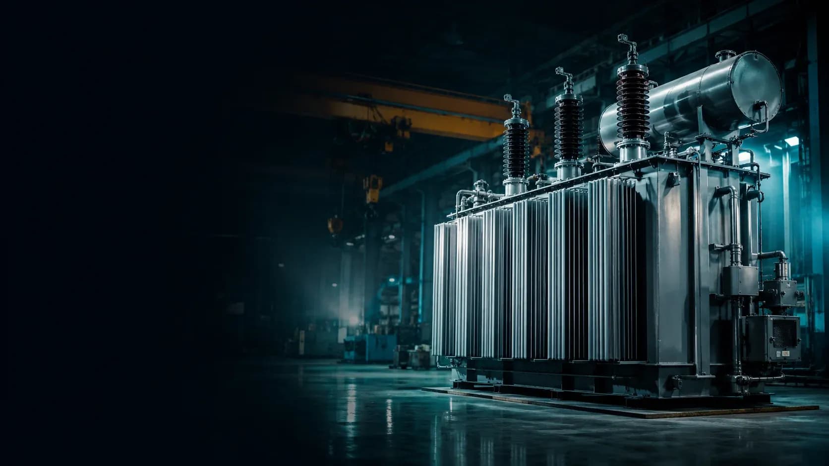 A three-phase power transformer under assembly on the Aditya Energy shop floor in Vadodara, its radiator fins and HV bushings lit against the workshop.