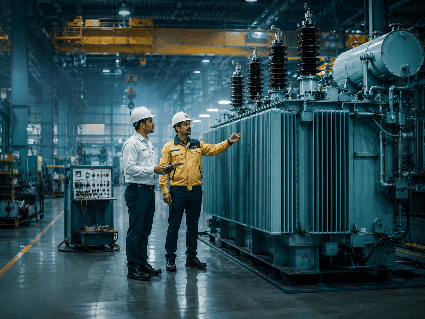 Two Aditya Energy engineers inspecting a power transformer on the assembly floor in Vadodara.